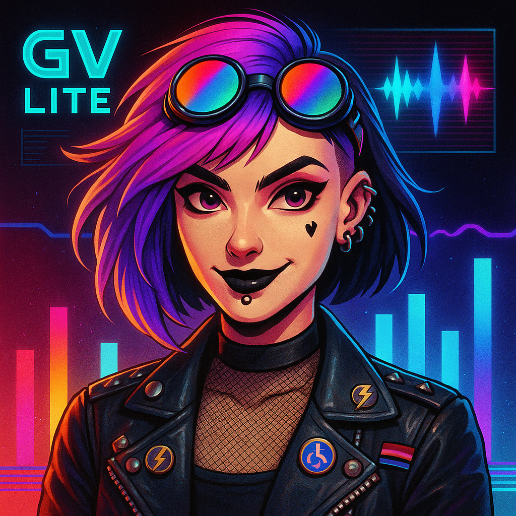 GV Lite, the AI sidekick with neon hair, goggles, and a punk rock jacket with accessibility and pride pins.